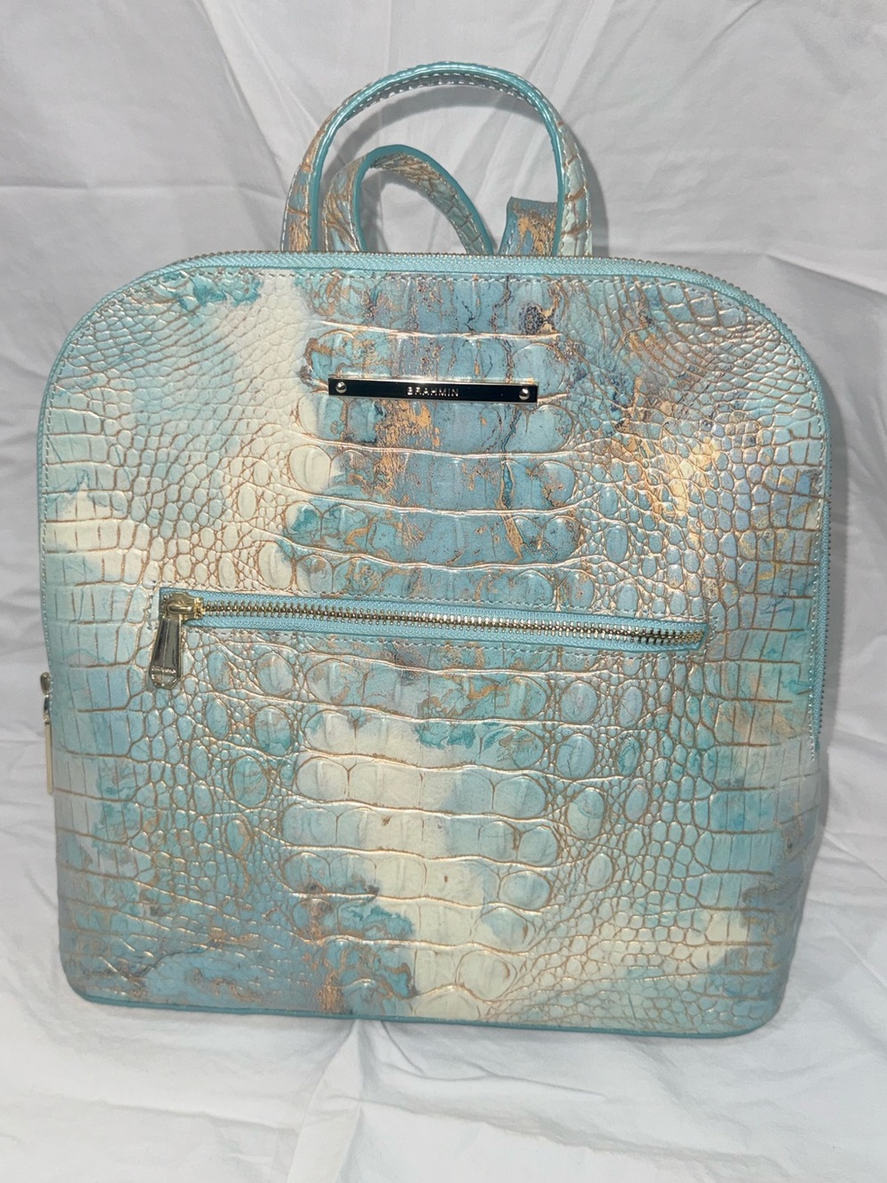 Brahmin Turquoise and Cream Croc-Embossed Backpack with Gold Trim
